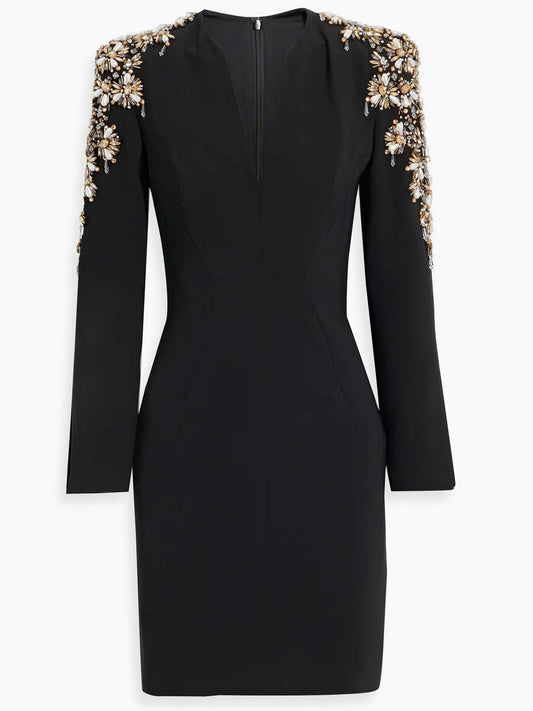 Embellished-Shoulder Black Crepe V-Neck Dress - Dresses