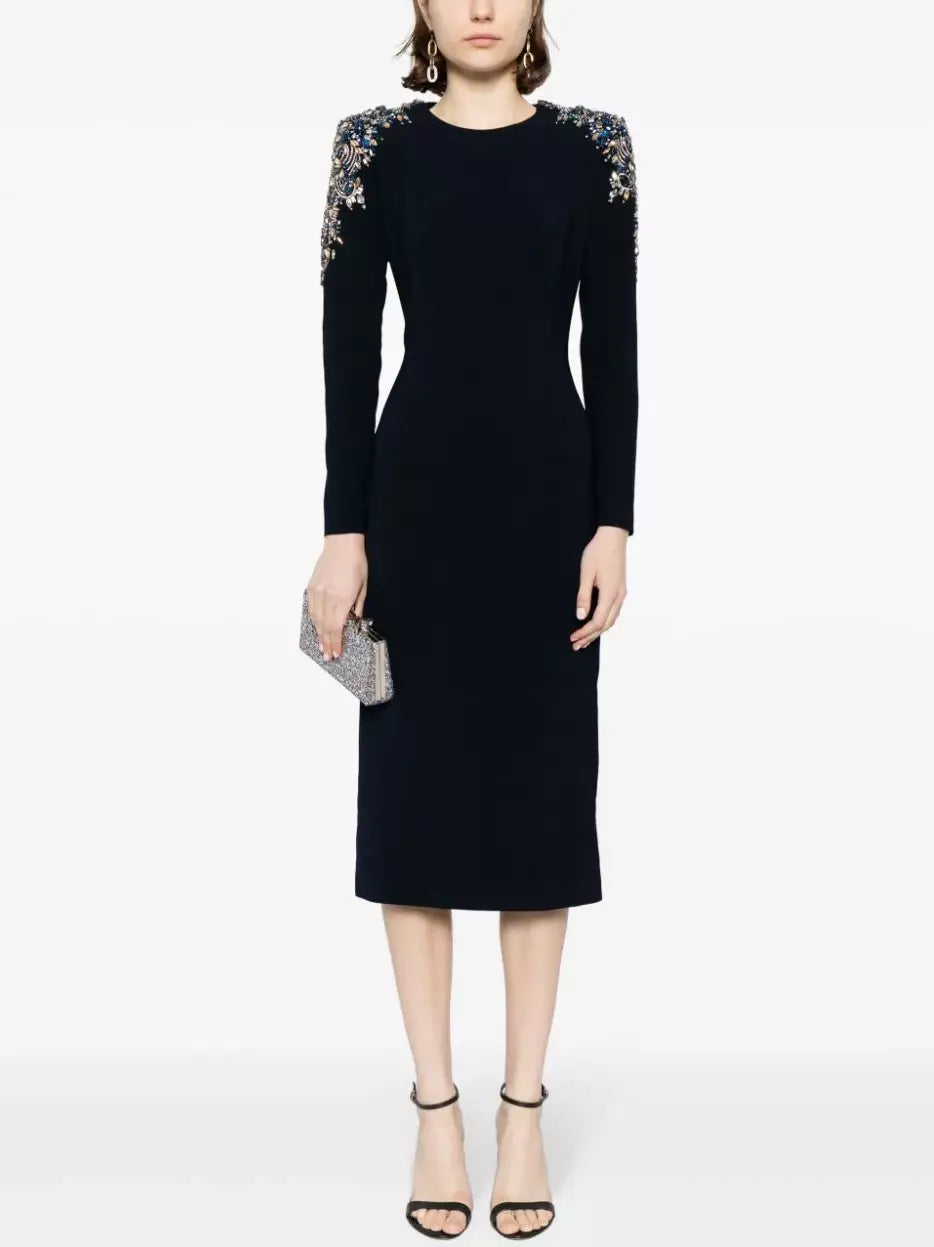 Embellished-Shoulder Black Long-Sleeve Midi Dress - Dresses