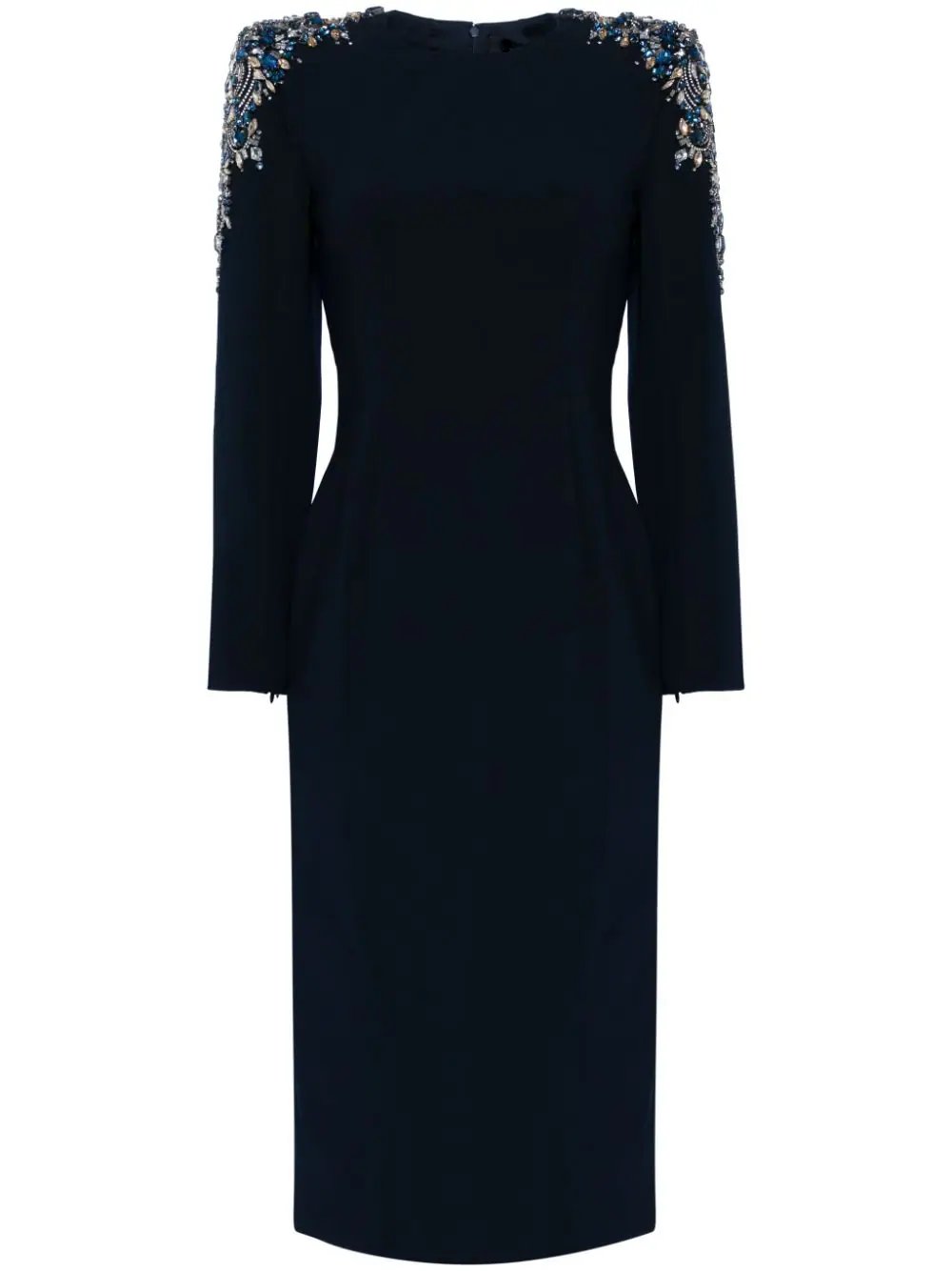 Embellished-Shoulder Black Long-Sleeve Midi Dress - Dresses