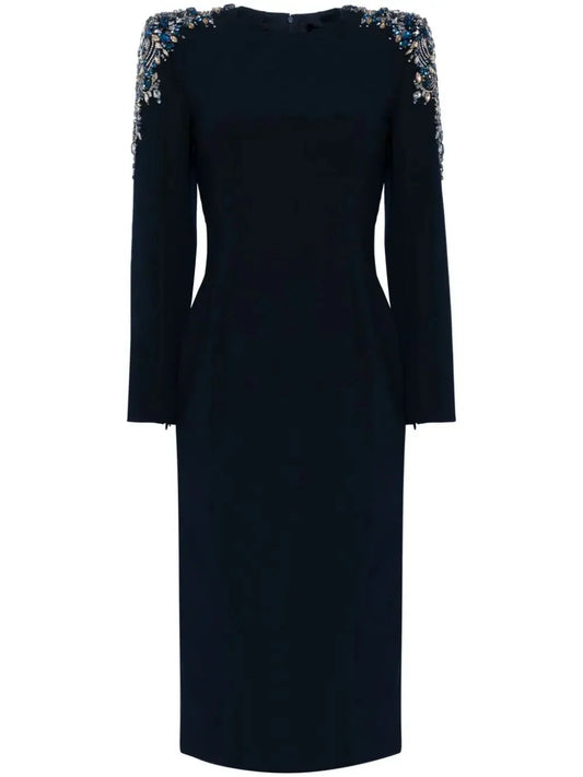 Embellished-Shoulder Black Long-Sleeve Midi Dress - Dresses