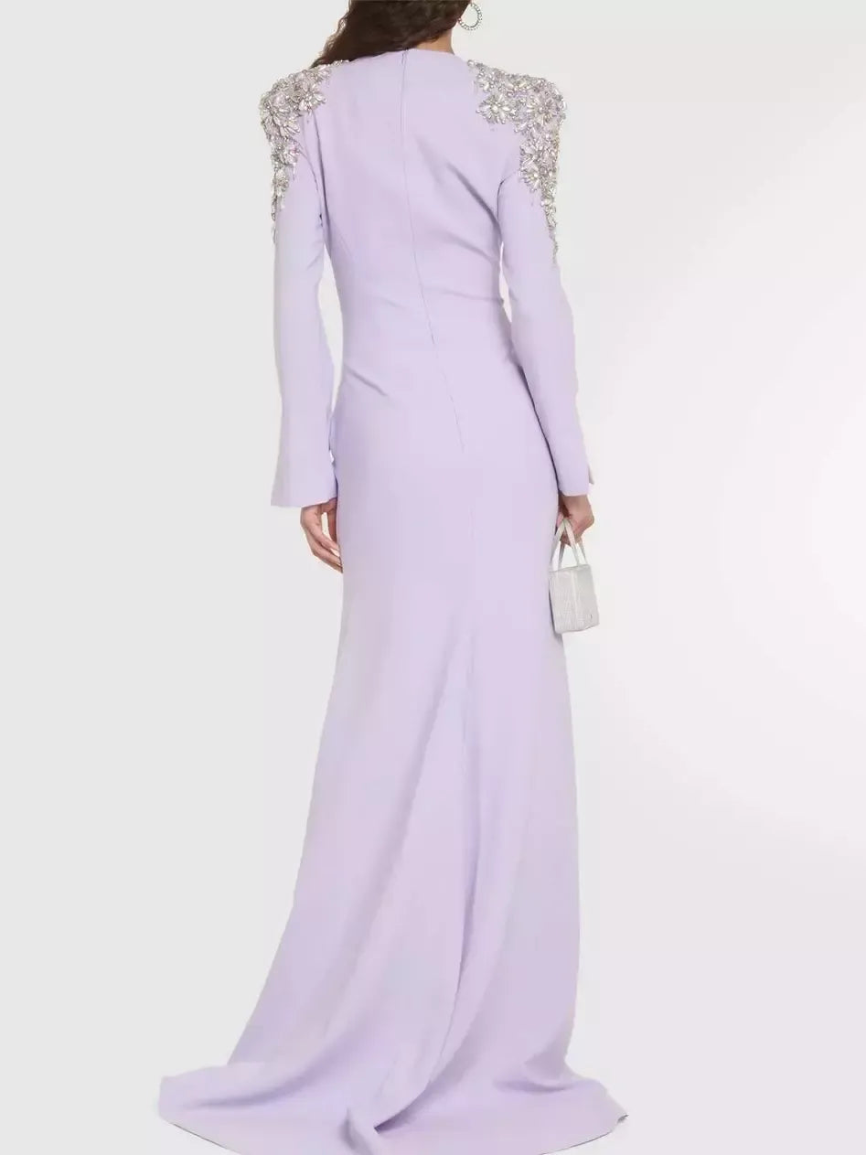 Embellished-Shoulder V-Neck Gown in Lavender - Dresses