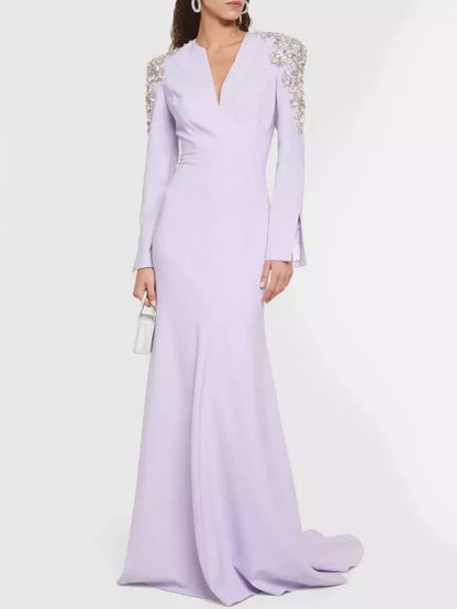 Embellished-Shoulder V-Neck Gown in Lavender - Dresses