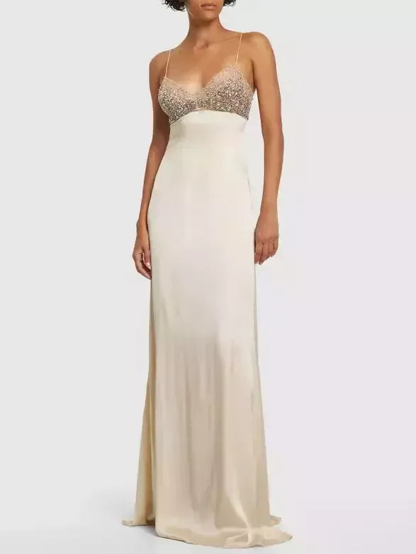 Embellished Silk Sleeveless Long Slip Dress - Dresses