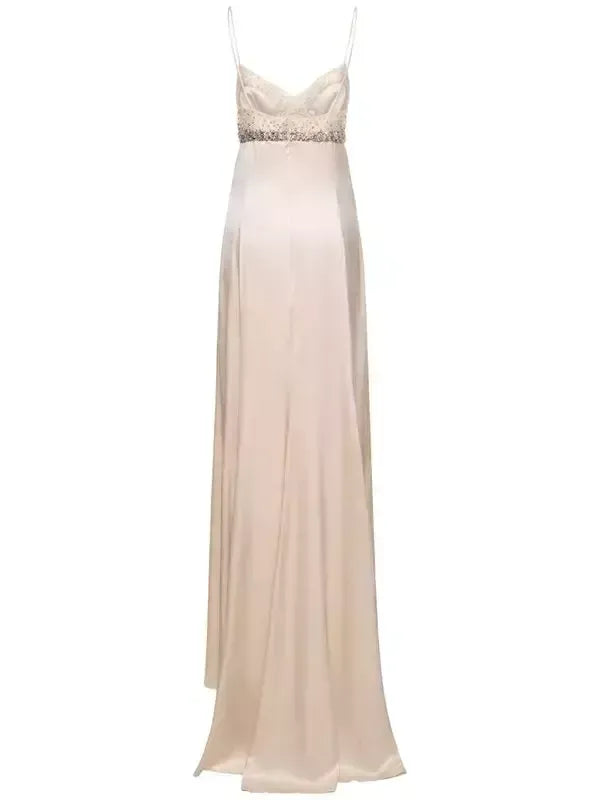 Embellished Silk Sleeveless Long Slip Dress - Dresses