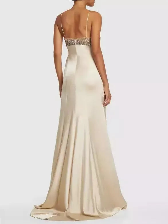 Embellished Silk Sleeveless Long Slip Dress - Dresses