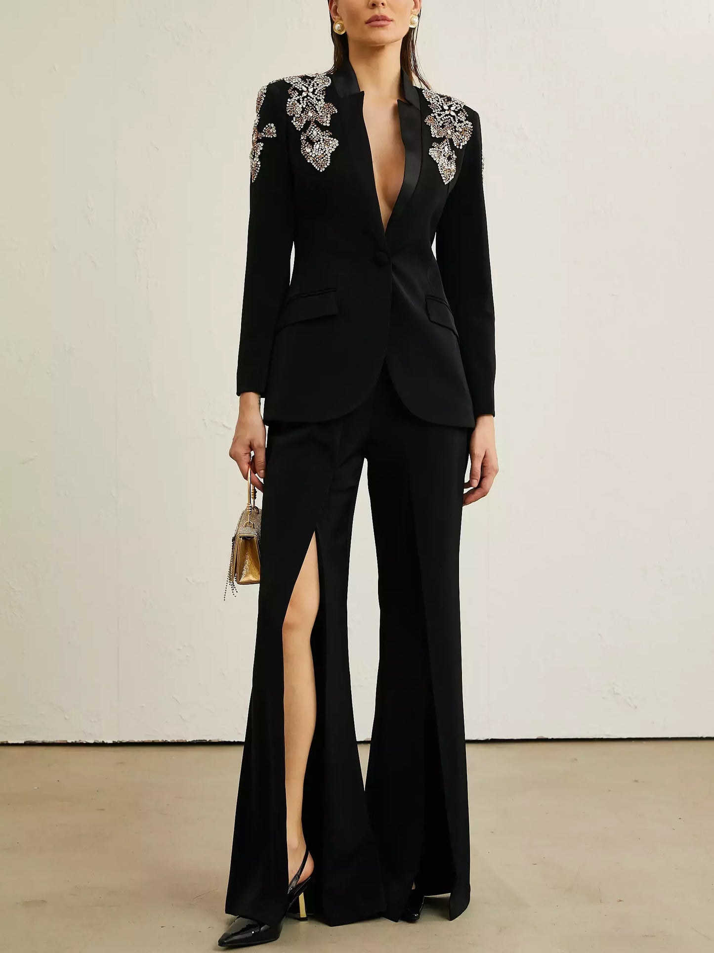 Embellished Single-Breasted Blazer and Split Pant Suit - Suits & Sets