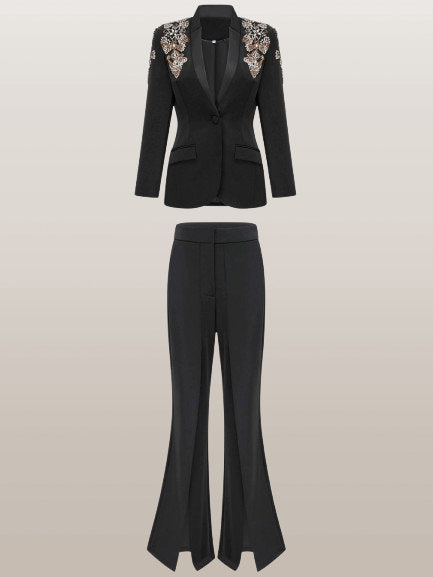 Embellished Single-Breasted Blazer and Split Pant Suit - Suits & Sets