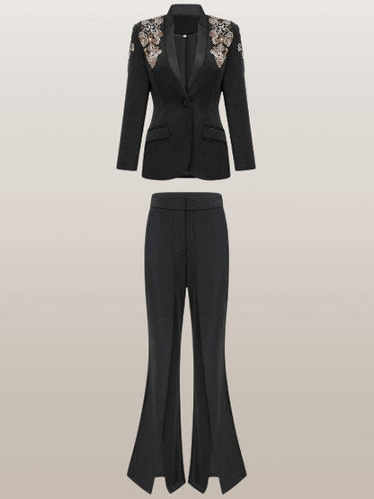 Embellished Single-Breasted Blazer and Split Pant Suit - Suits & Sets