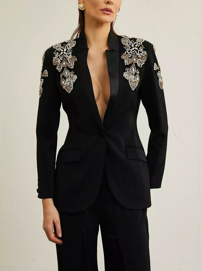 Embellished Single-Breasted Blazer and Split Pant Suit - Suits & Sets