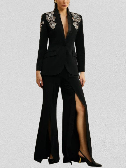 Embellished Single-Breasted Blazer and Split Pant Suit - Suits & Sets