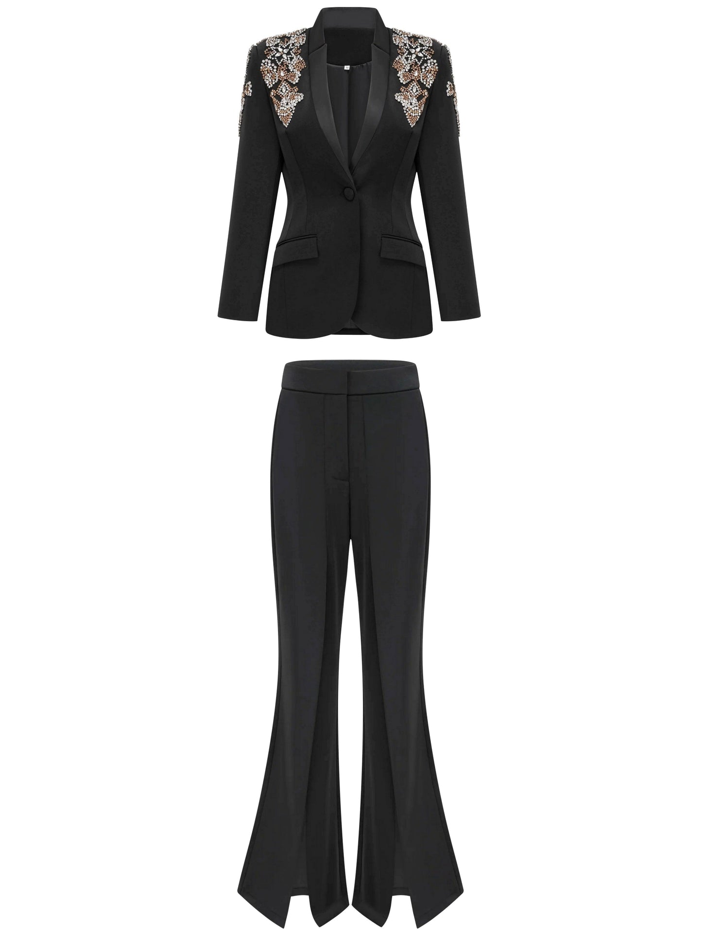 Embellished Single-Breasted Blazer and Split Pant Suit - Suits & Sets