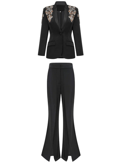 Embellished Single-Breasted Blazer and Split Pant Suit - Suits & Sets