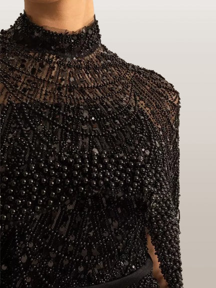 Embellished Sleeveless Gown with Cape in Black - Dresses