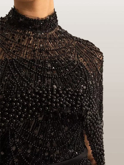 Embellished Sleeveless Gown with Cape in Black - Dresses