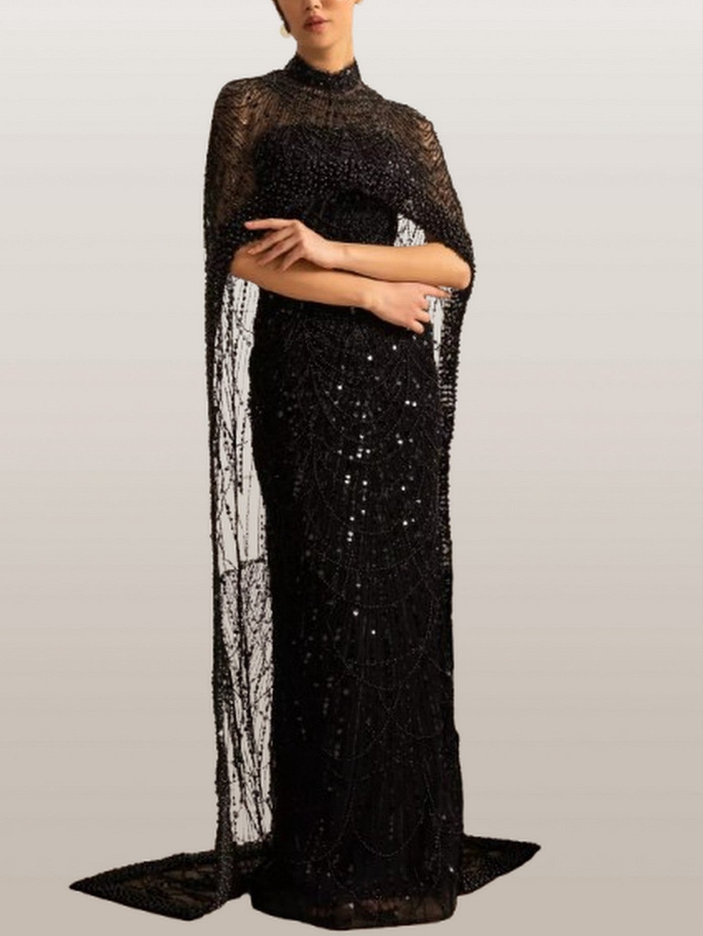 Embellished Sleeveless Gown with Cape in Black - Dresses