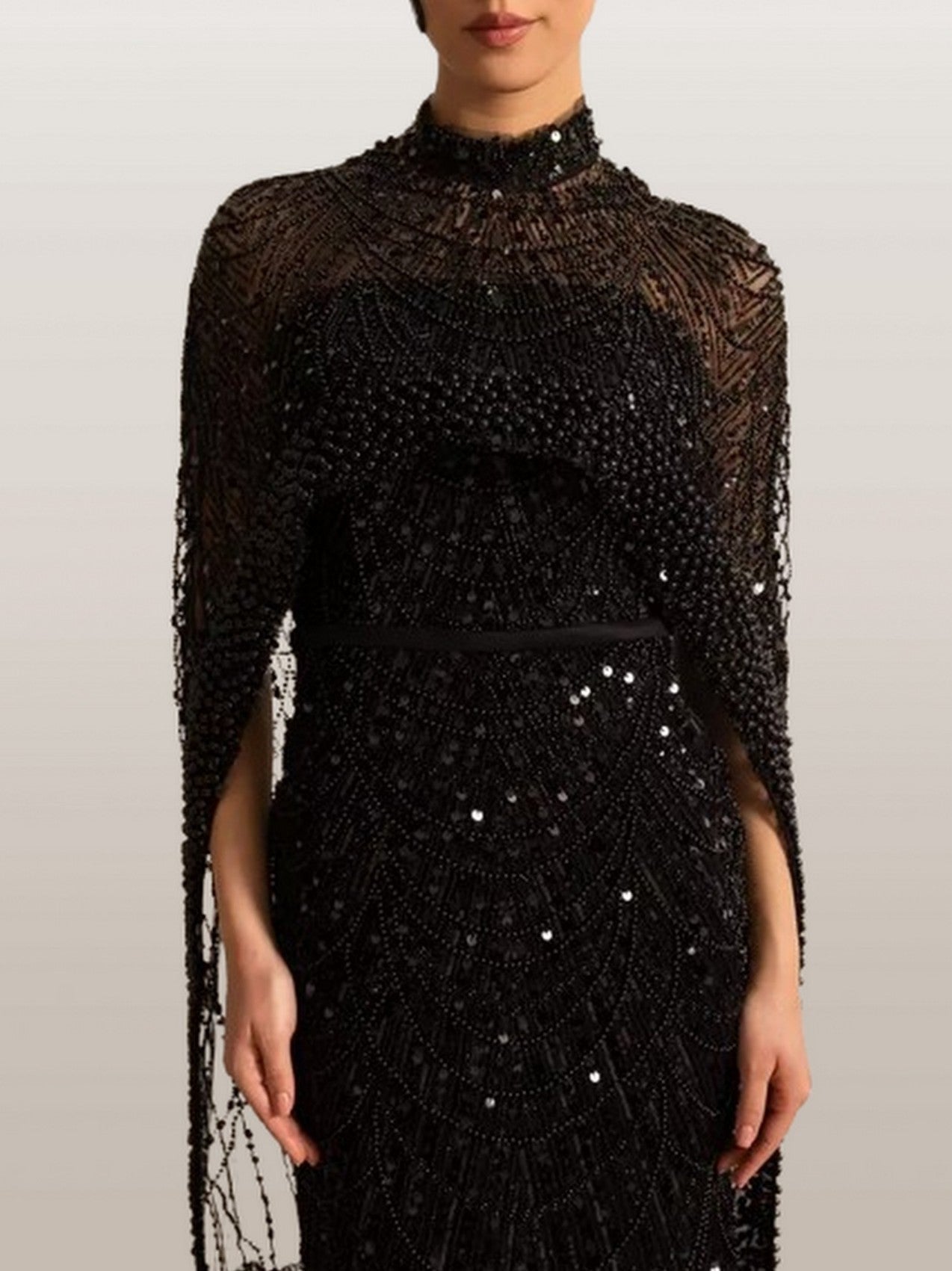 Embellished Sleeveless Gown with Cape in Black - Dresses