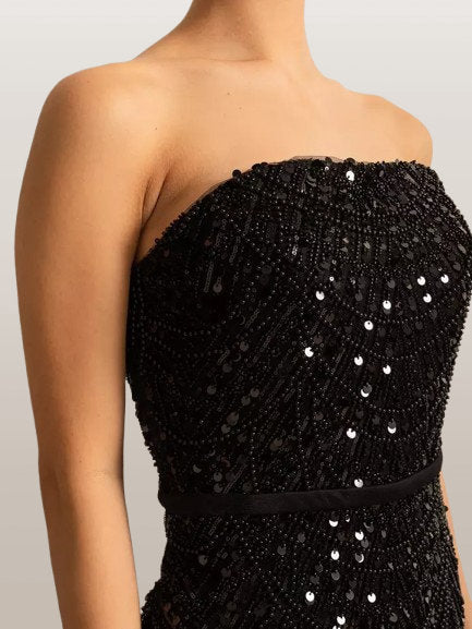 Embellished Sleeveless Gown with Cape in Black - Dresses