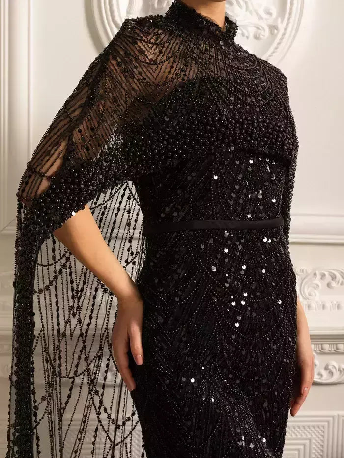 Embellished Sleeveless Gown with Cape in Black - Dresses