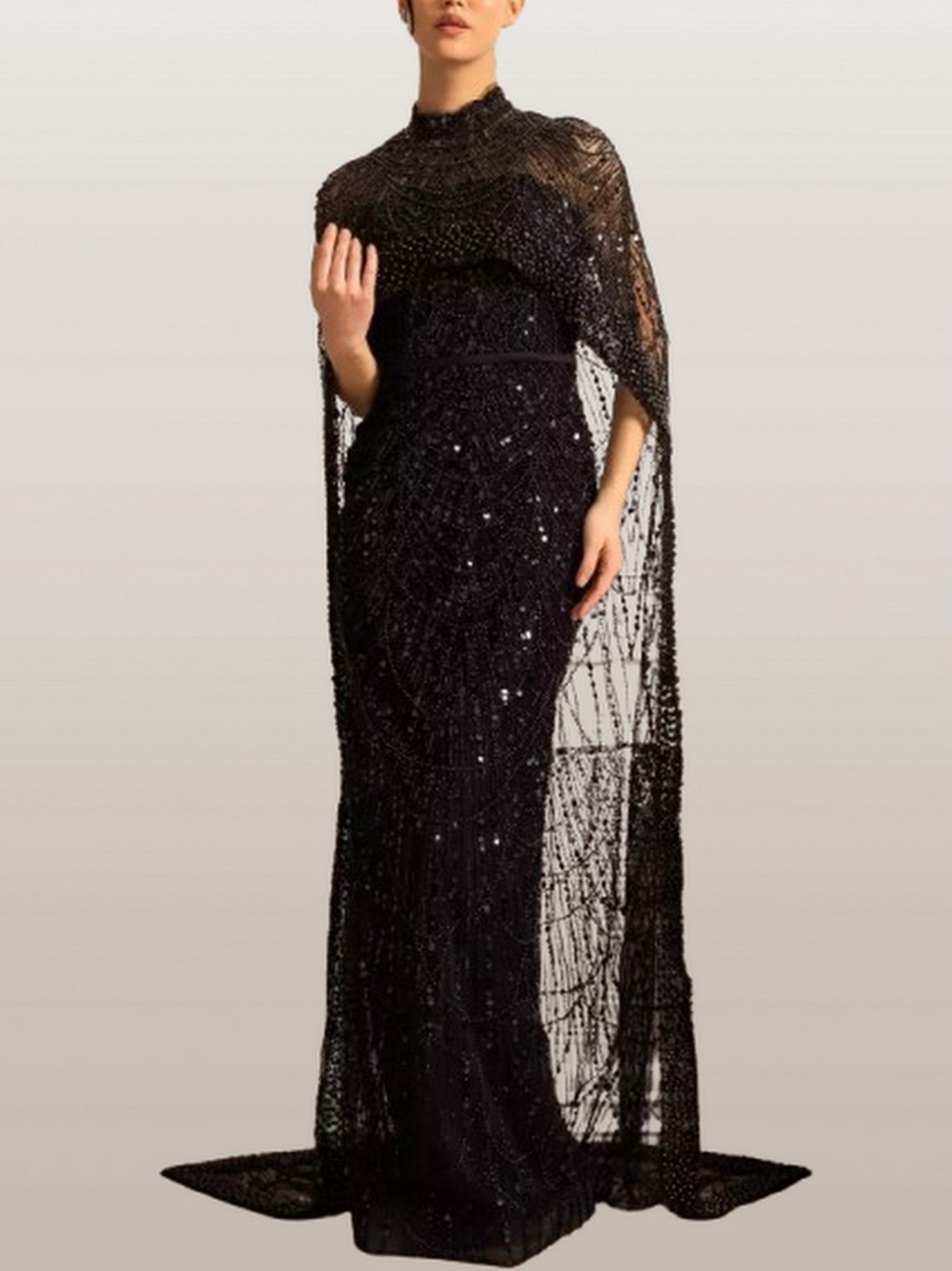 Embellished Sleeveless Gown with Cape in Black - Dresses