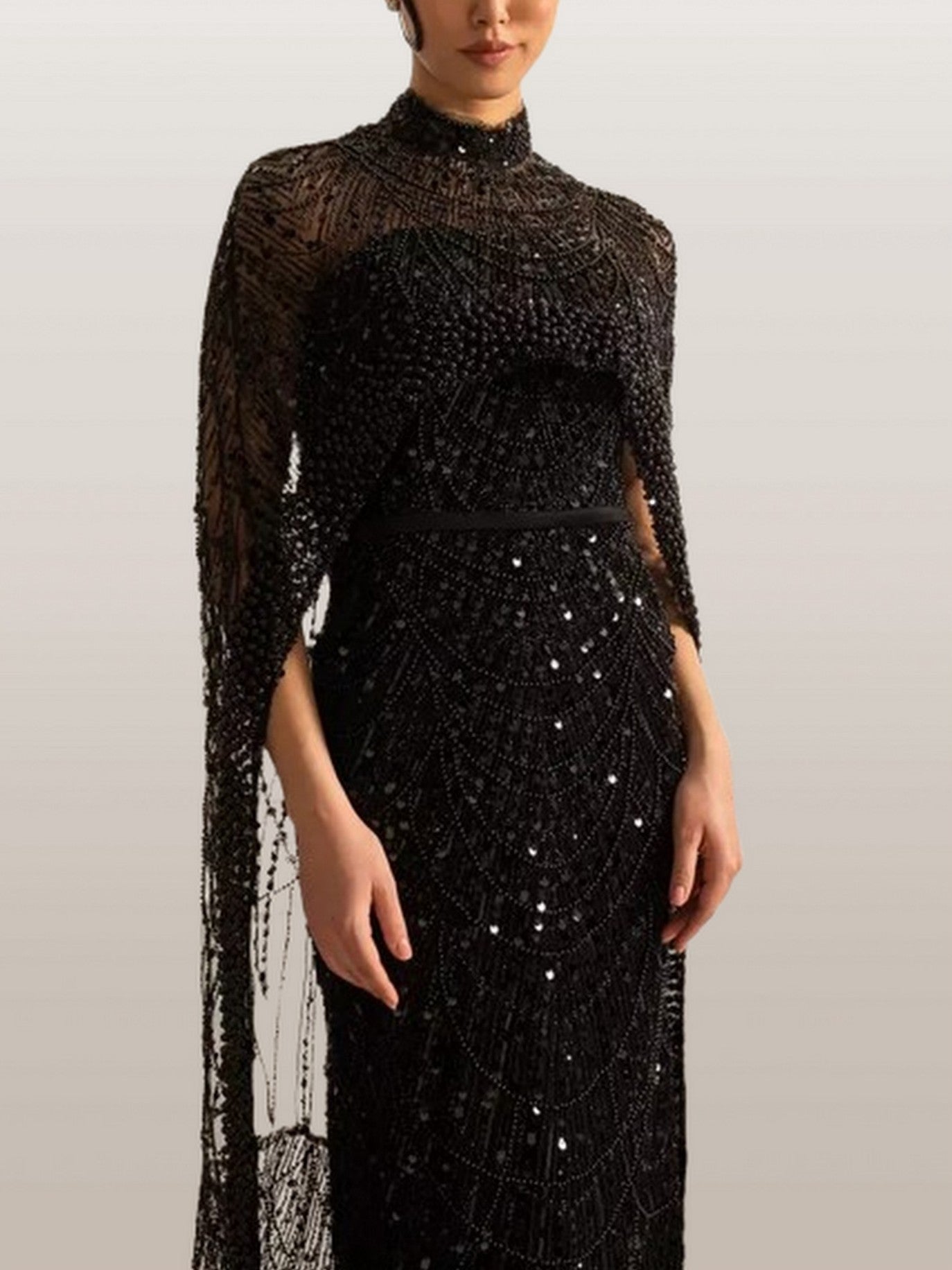Embellished Sleeveless Gown with Cape in Black - Dresses