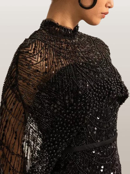 Embellished Sleeveless Gown with Cape in Black - Dresses