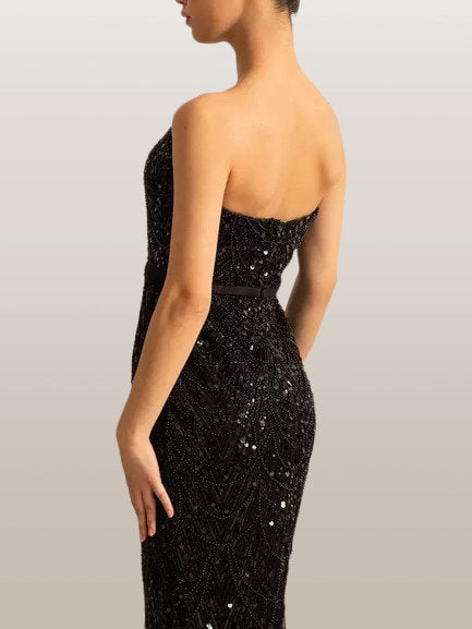 Embellished Sleeveless Gown with Cape in Black - Dresses