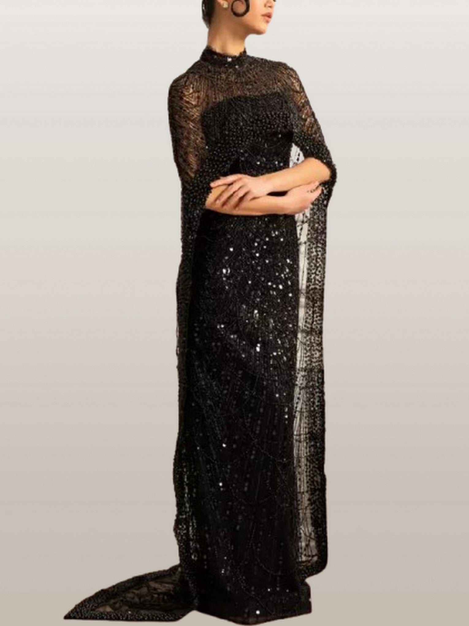 Embellished Sleeveless Gown with Cape in Black - Dresses
