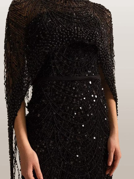 Embellished Sleeveless Gown with Cape in Black - Dresses