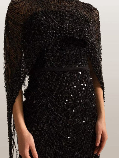 Embellished Sleeveless Gown with Cape in Black - Dresses