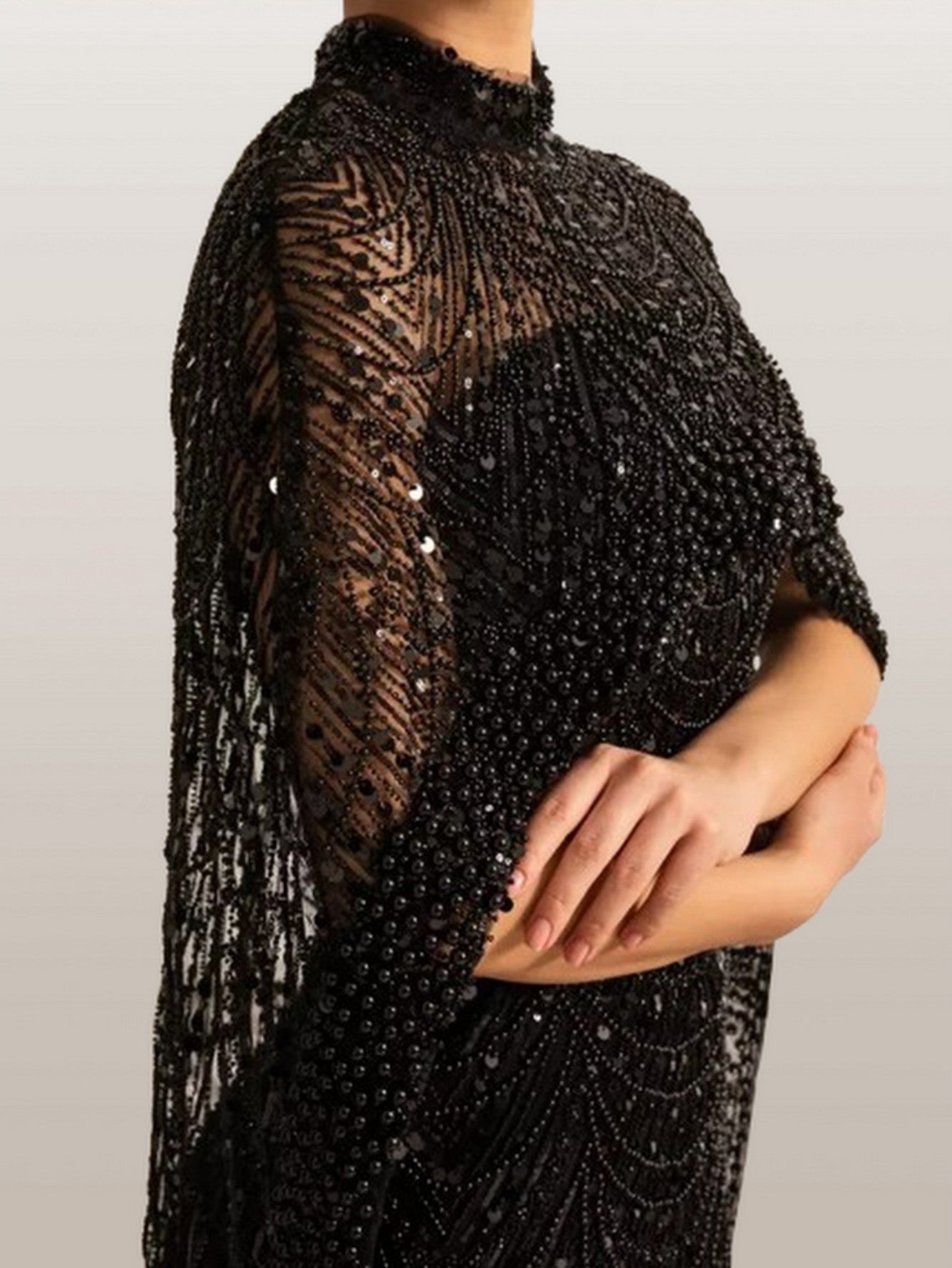 Embellished Sleeveless Gown with Cape in Black - Dresses