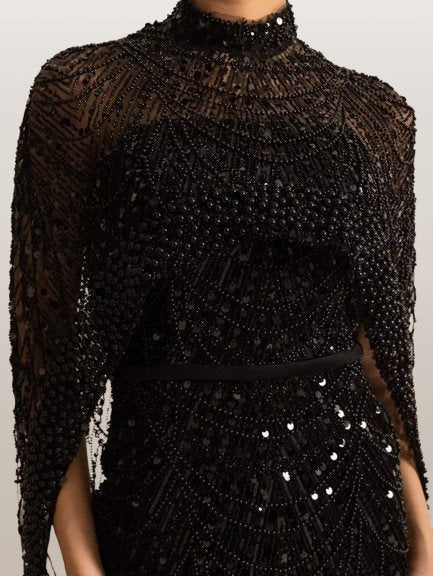 Embellished Sleeveless Gown with Cape in Black - Dresses