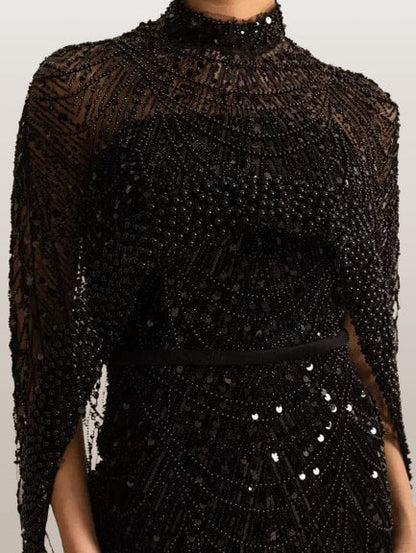 Embellished Sleeveless Gown with Cape in Black - Dresses