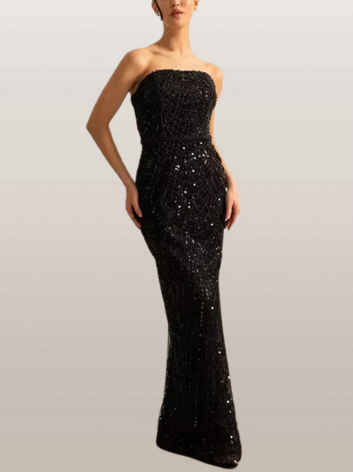 Embellished Sleeveless Gown with Cape in Black - Dresses