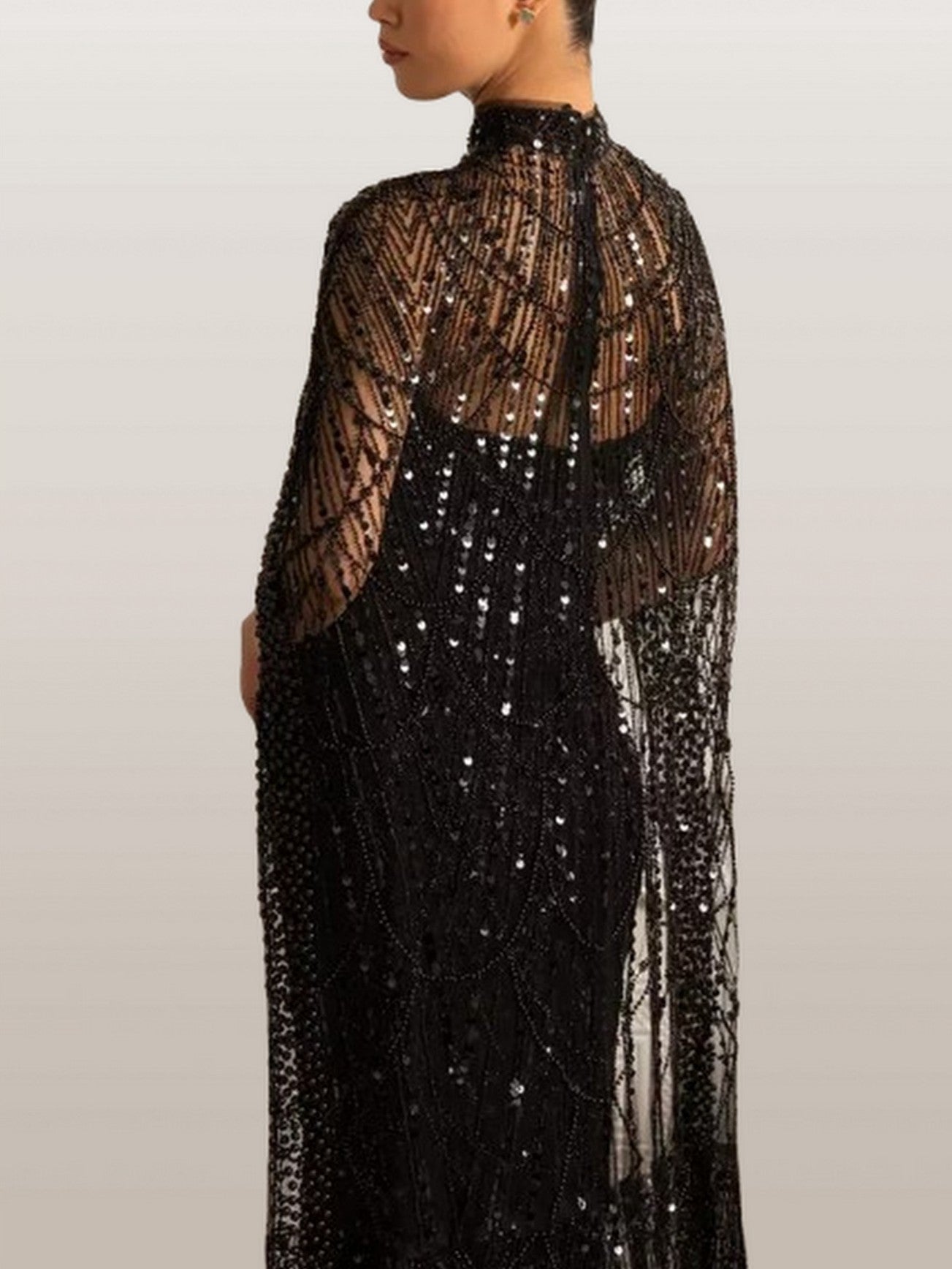 Embellished Sleeveless Gown with Cape in Black - Dresses