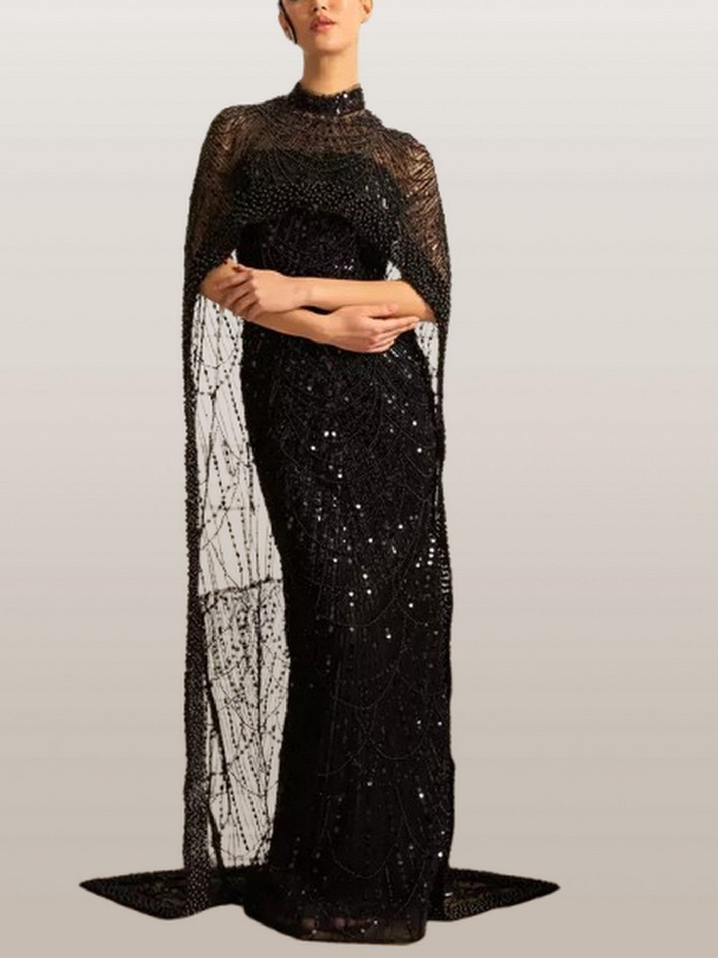 Embellished Sleeveless Gown with Cape in Black - Dresses