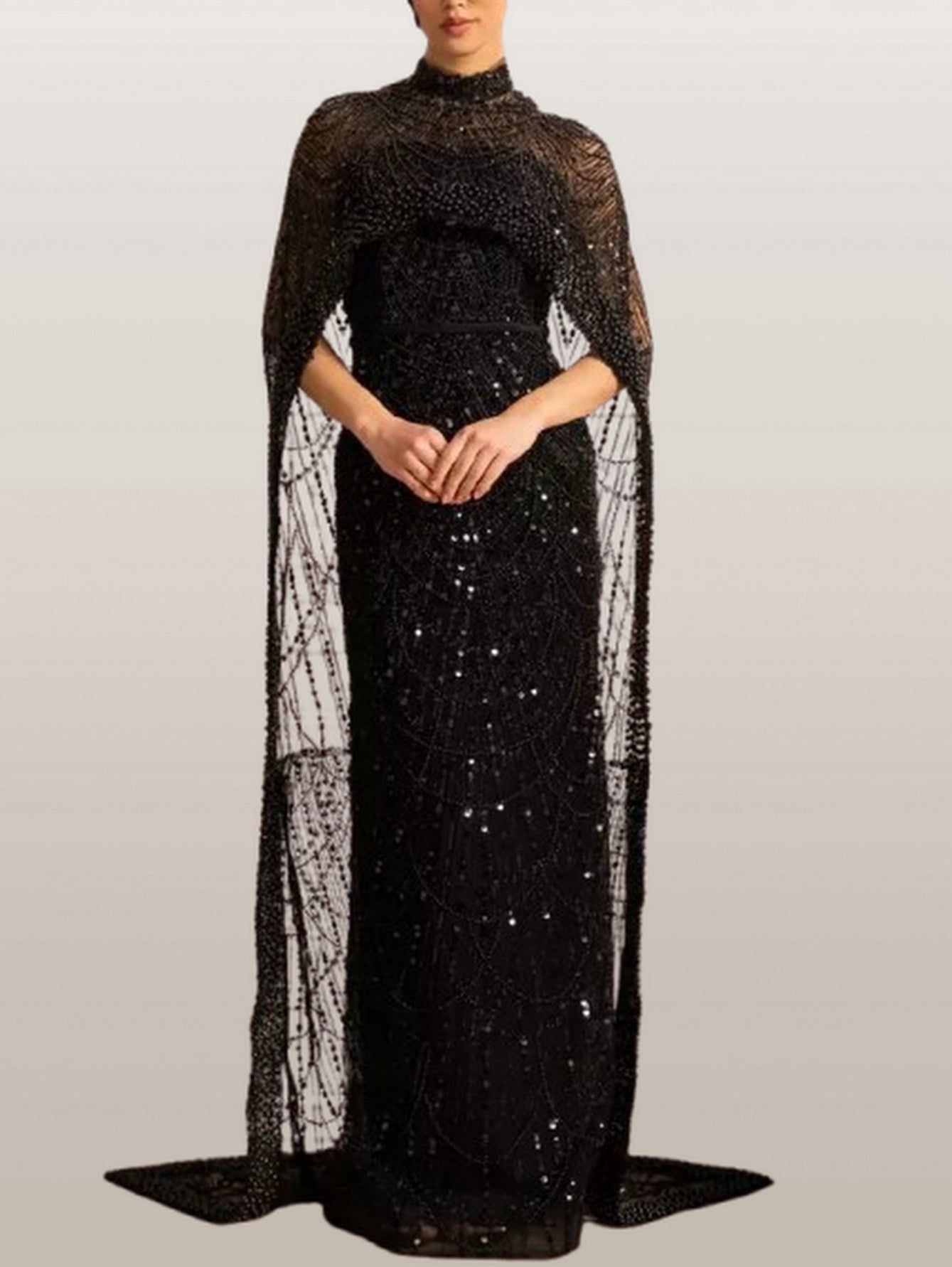 Embellished Sleeveless Gown with Cape in Black - XS - Dresses