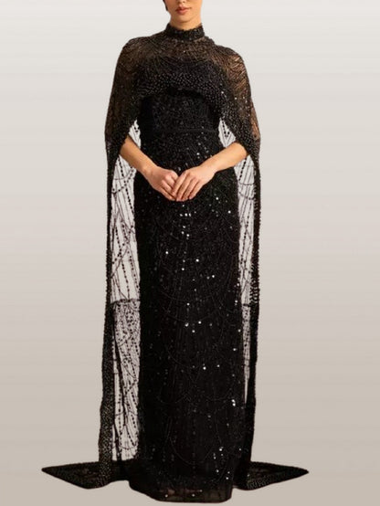 Embellished Sleeveless Gown with Cape in Black - XS - Dresses