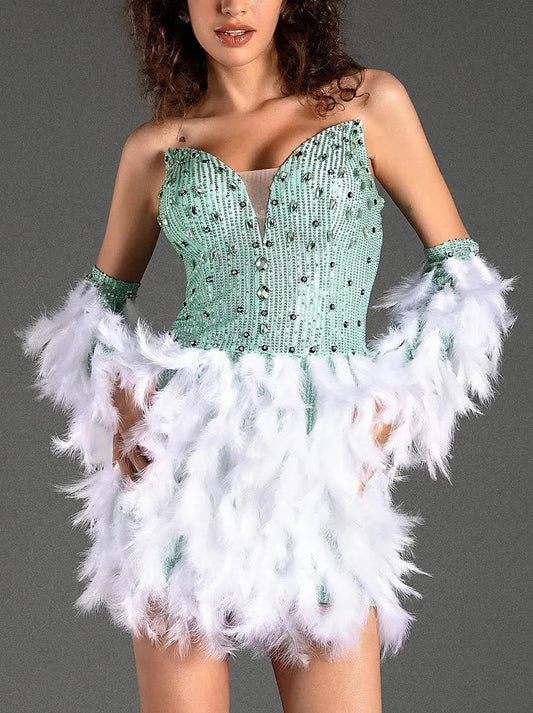 Embellished Strapless Feather Mini Dress with Matching Gloves - Dresses