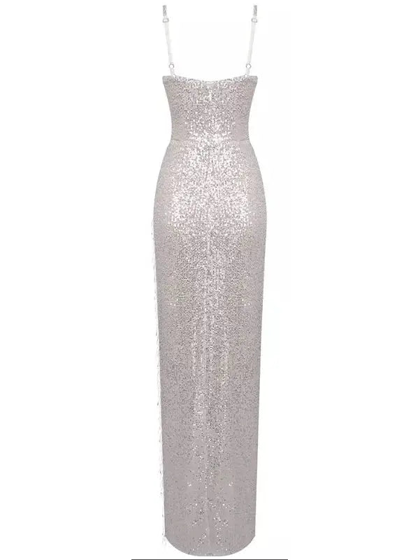 Embellished Strapless Gown in Silver - Dresses