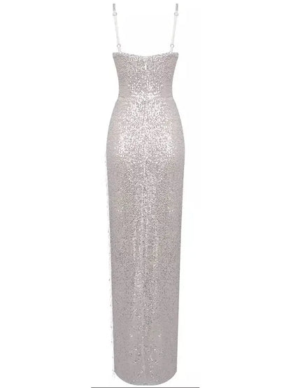 Embellished Strapless Gown in Silver - Dresses