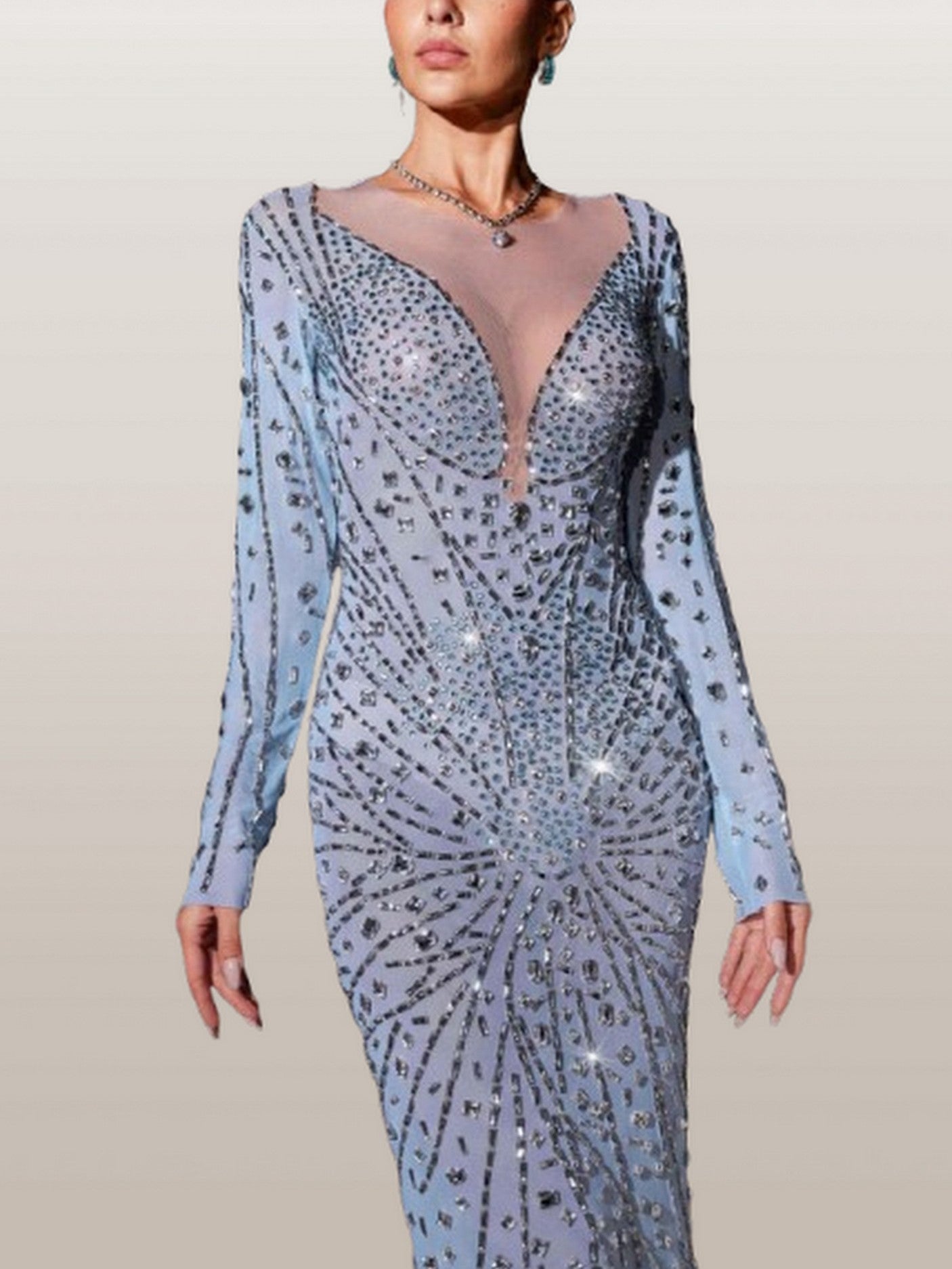 Embellished Stretch Mesh Long Dress - Dresses