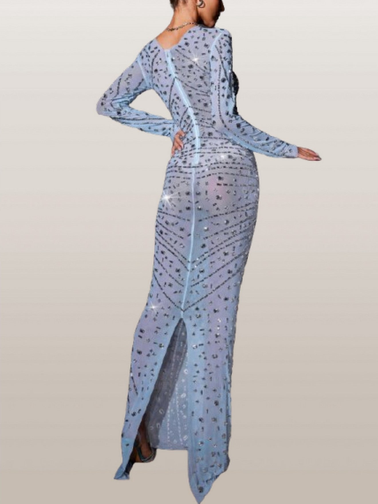 Embellished Stretch Mesh Long Dress - Dresses