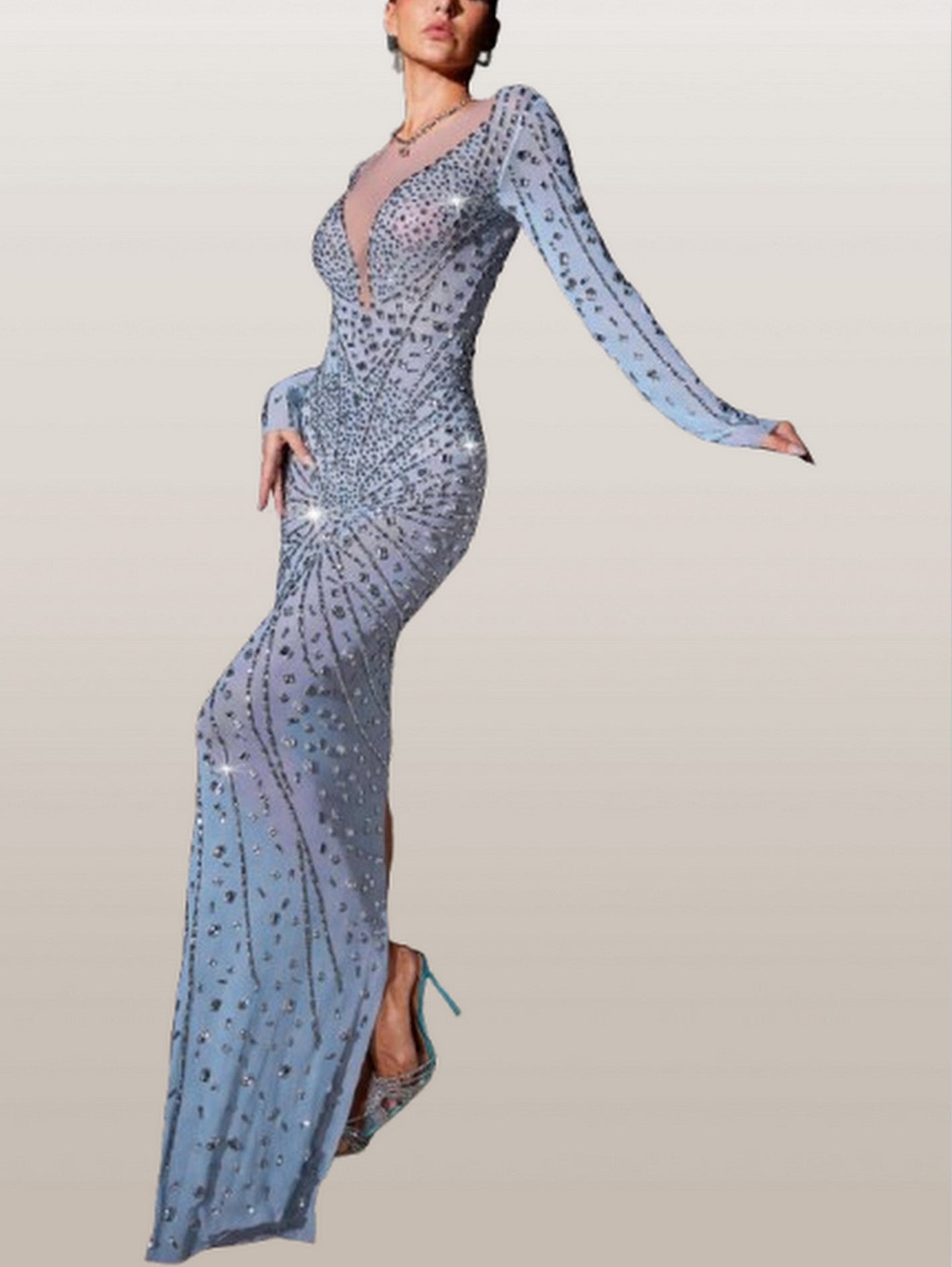 Embellished Stretch Mesh Long Dress - Dresses