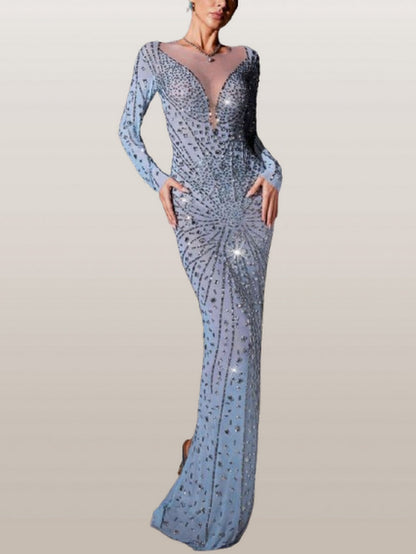 Embellished Stretch Mesh Long Dress - Dresses