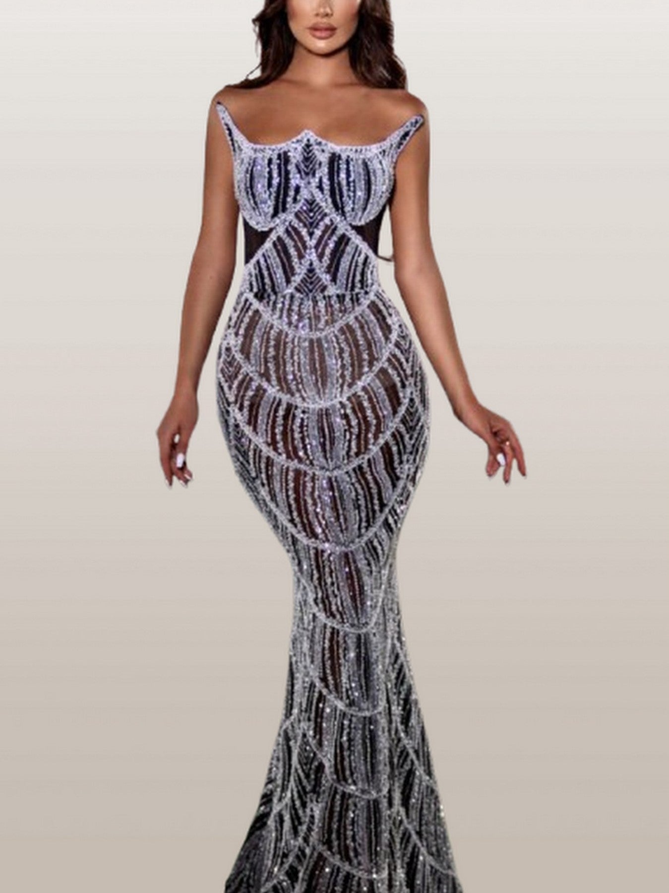 Embellished Structured Strapless Long Gown - Dresses