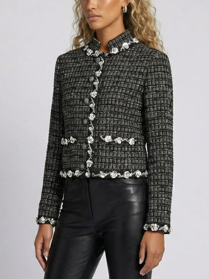 Embellished Tweed Check Jacket with Appliquéd Trim - Jackets