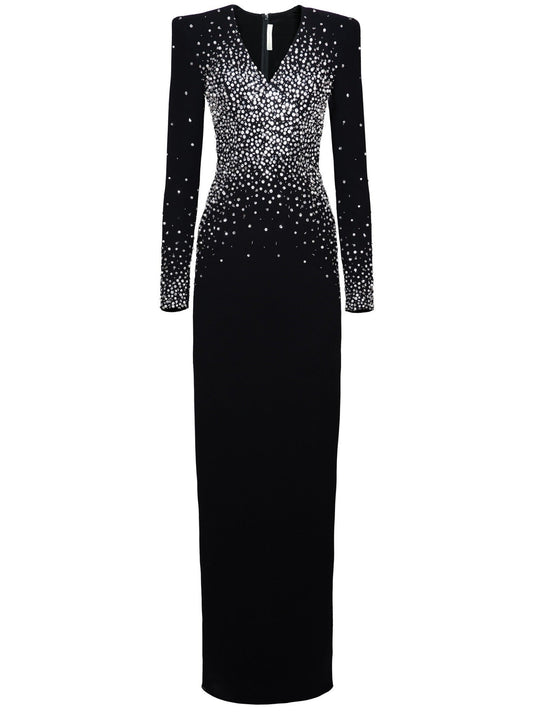 Long black velour gown with silver embellishments and embellished V-neck design