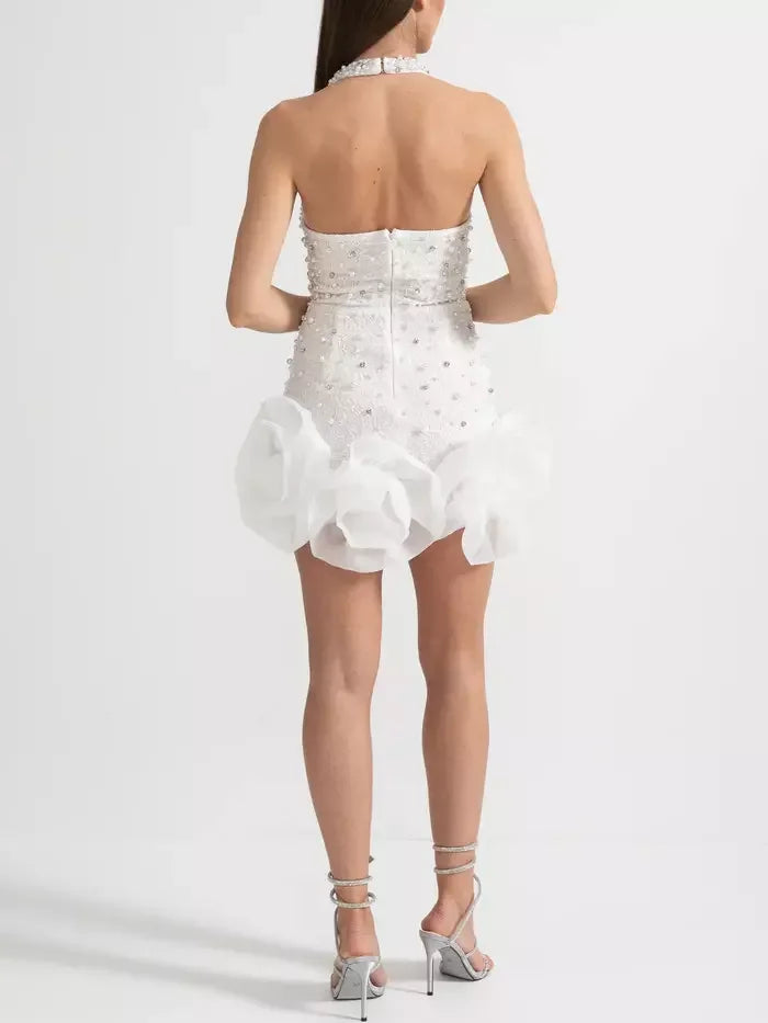 Embellished V-Neck White Mini Dress - Dresses