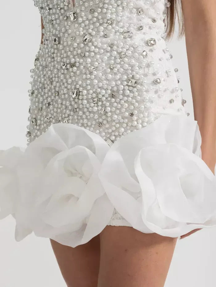 Embellished V-Neck White Mini Dress - Dresses
