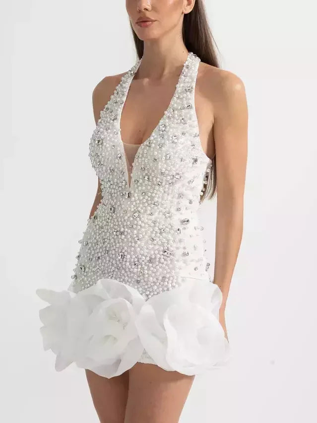 Embellished V-Neck White Mini Dress - Dresses